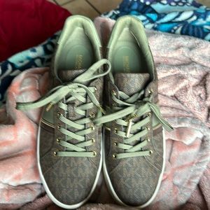 Michael Kors sneakers with MK logo, olive green, brown and gold. Size 7.5.